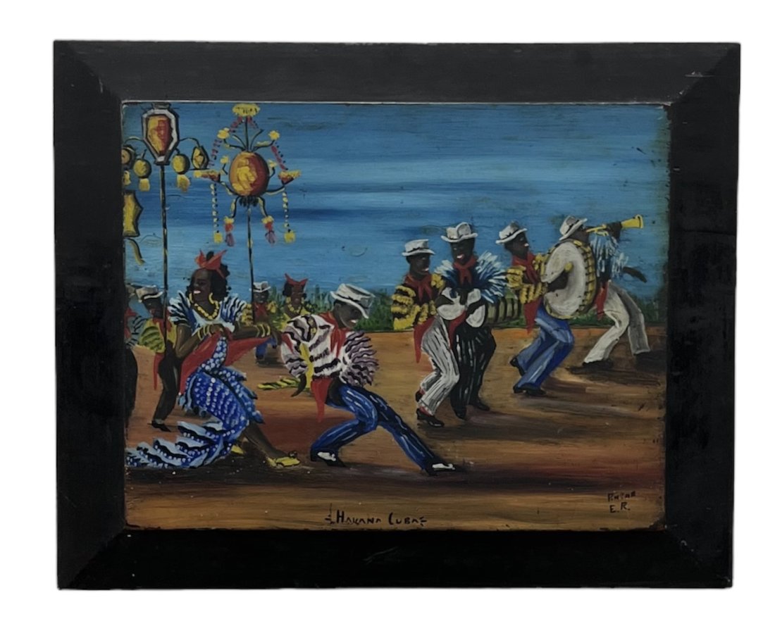 Vintage Folk Art Painting Folk Art Painting From Havana Cuba, Signed: Oil on wood 20.5 x 16.5 in