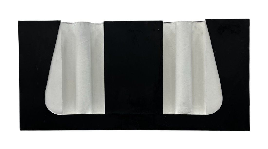 NATHAN RAISEN, Polychrome Wood Relief Black & White MCM Wall Sculpture 1963: American artist. Gallery label verso. 46.5 x 22.5 x 4 in