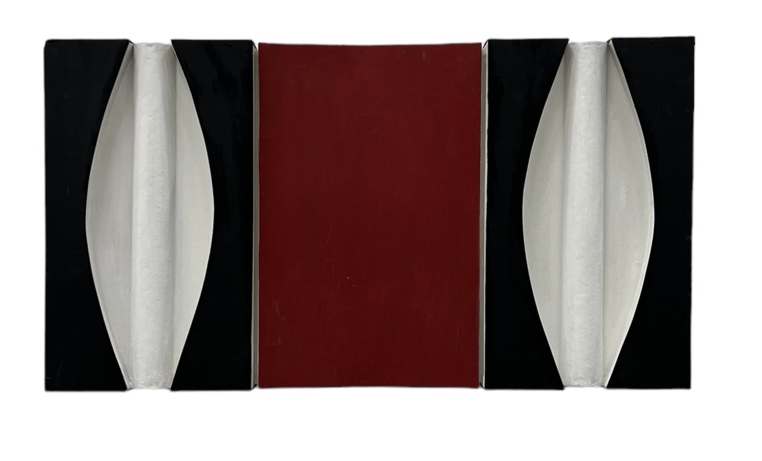 NATHAN RAISEN, Polychrome Wood MCM Wall Sculpture 1963: American artist. Oil on wood 44.5 x 24.5 x 4 in