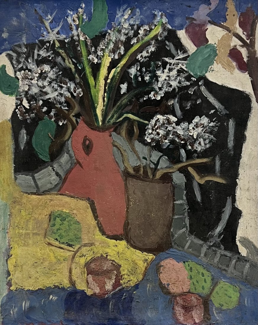 JUNE RICKMAN (20th c, American) Kalamazoo Michigan Artist, Modernist Still Life: Oil on board 16 x 20 in.