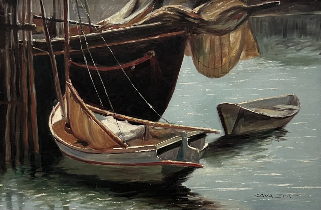 SEVERO ENRIQUE ZAVALETA (b. 1932, Bolivia) Boats In Harbor: Oil on canvas 36 x 24 in