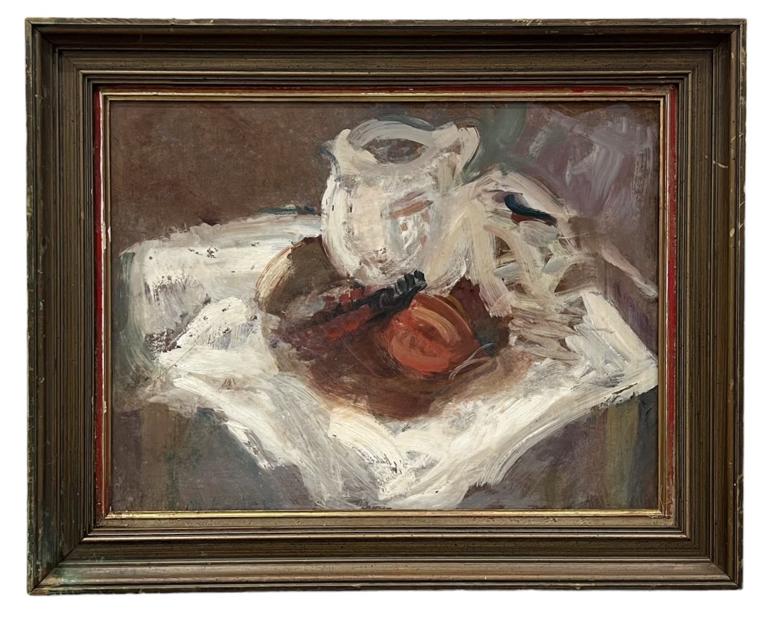 Mid-Century Modernist Still Life Signed By Unknown Artist: Oil on board 24 x 18 in, 29.5 x 23.5 in (framed)
