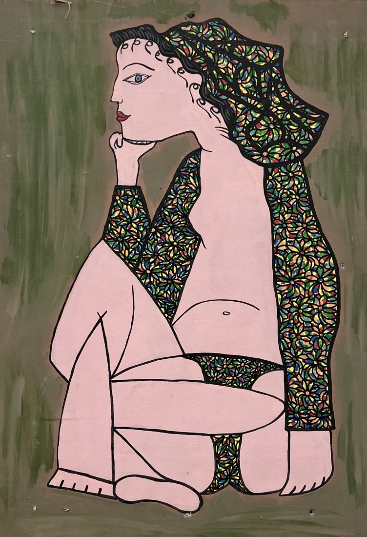 Modernist Painting Of A Nude Woman Unsigned: Acrylic on canvas 36 x 25 in