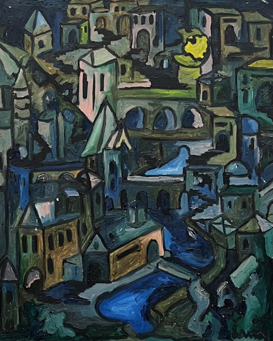 Israeli Modernist City Scene Signed Illegibly, Unknown Artist (1 of 3)