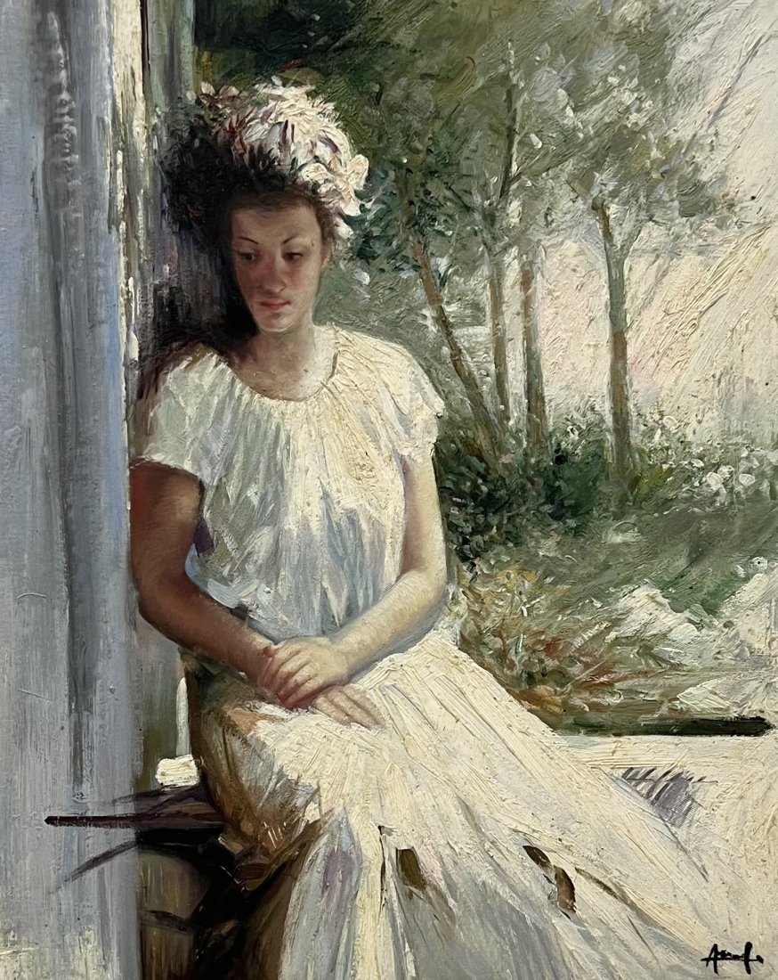 Impressionist Portrait Of A Seated Young Woman, Signed: Oil on canvas 24 x 20 in. Unknown artist.