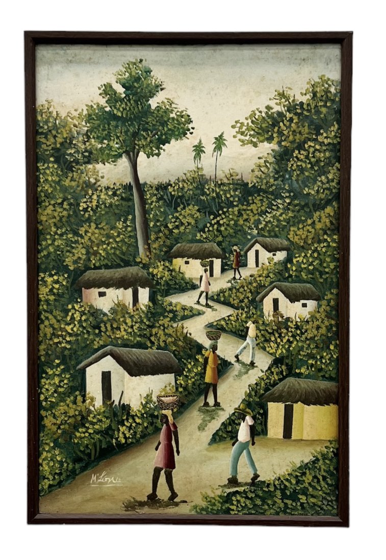 Vintage Haitian Village Street Scene Painting, Signed: Oil on canvas 25 x 16 in