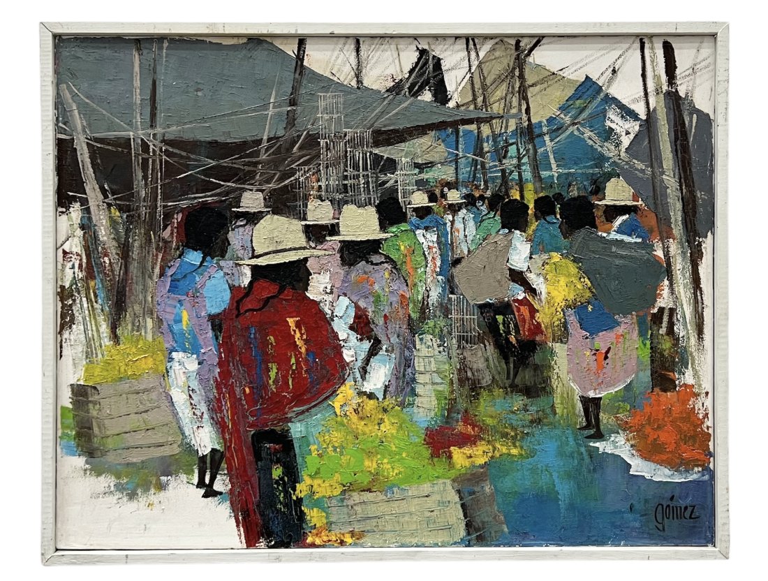 BENIGNO GOMEZ (b. 1934, Honduras) Market Scene: Oil on canvas 35.5 x 27.5 in