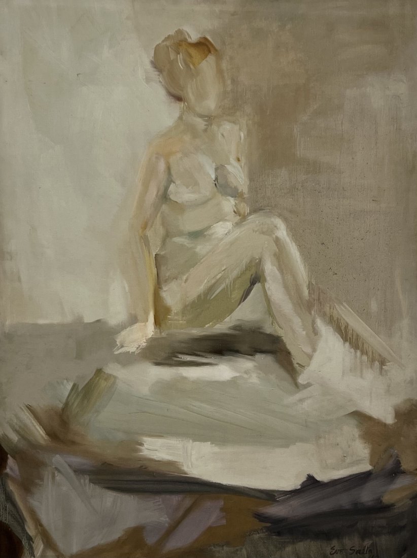 Large 1960's Modernist Nude Painting, Signed: Oil on canvas 46 x 36 in