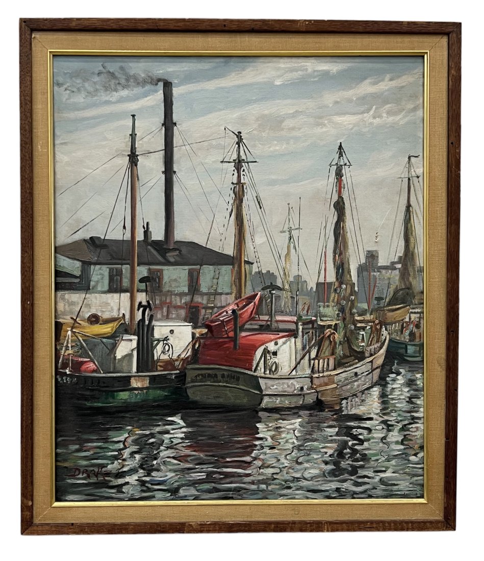 WILLIAM L DRAKE (20th c, American) New Jersey Harbor Scene: Oil on canvas 24 x 20 in, 28 x 24 in (framed)