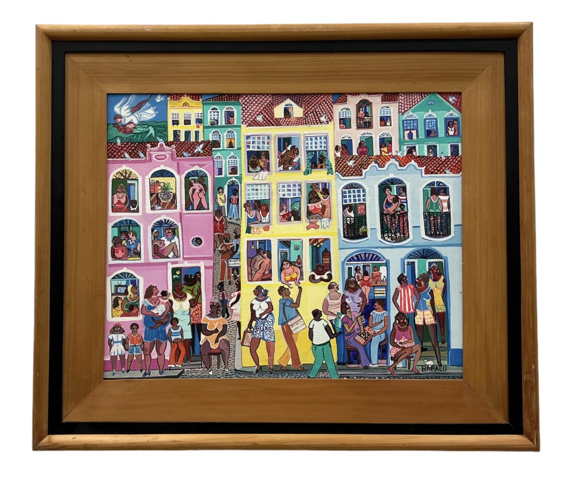 BABALU (20th c, Cuban) Folk Art Painting: Acrylic 20 x 16 in, 27 x 23 in (framed)