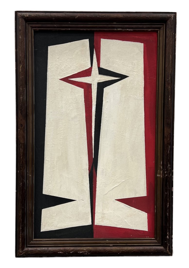 Mid-Century Modern Cubist Crucifix Painting, Unsigned: Oil on board 20 x 12 in, 23 x 15 in (framed)