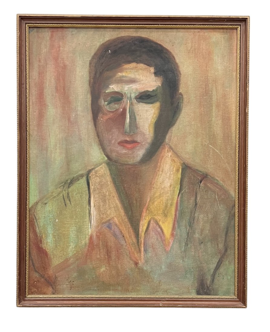 Mid-Century Modern Portrait Of A Man, Signed: Oil on board 18 x 14 in