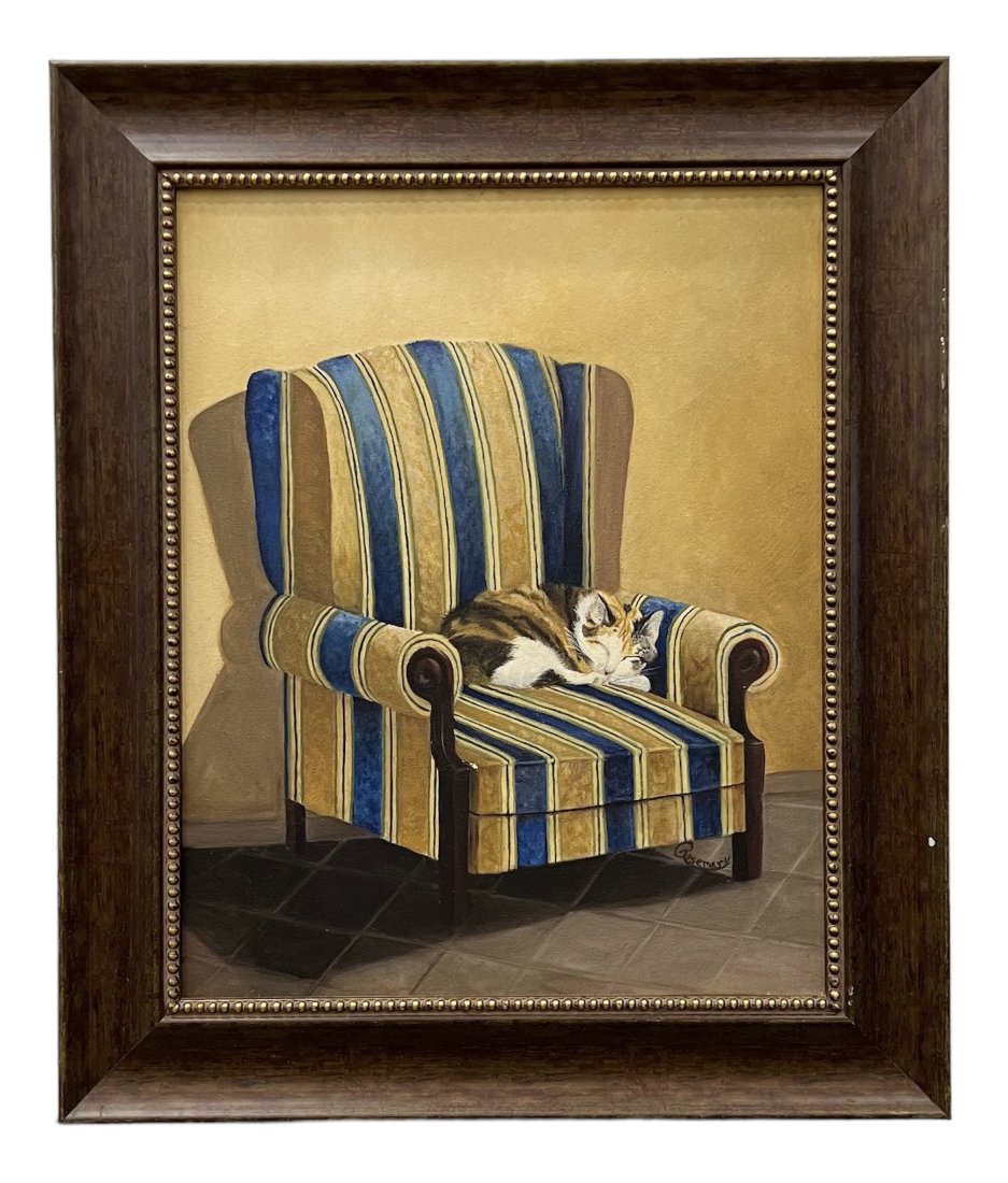 Interior Scene Of A Cat On A Chair, Signed: Oil on canvas 20 x 16 in, 25.5 x 21.5 in (framed)