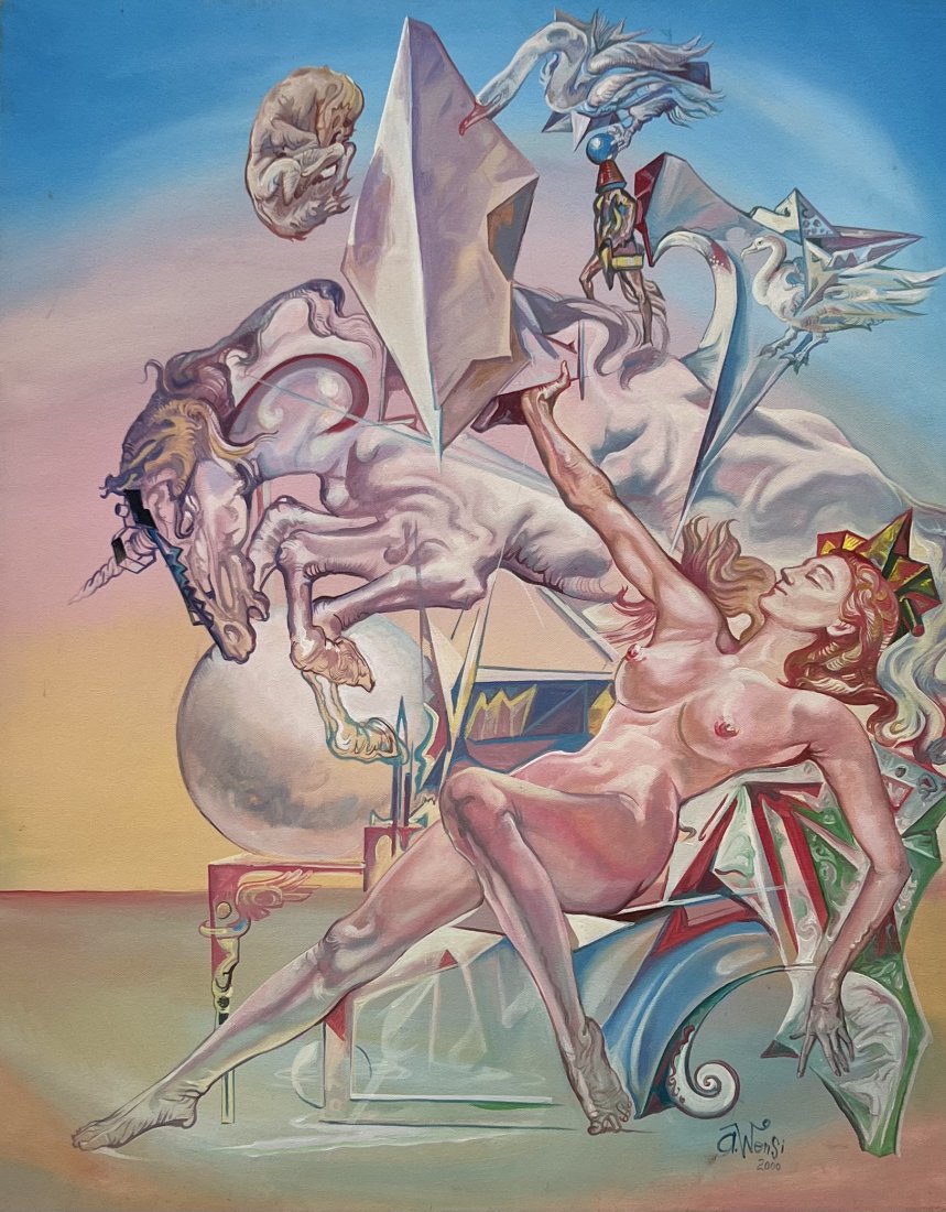 ANRIKO WENSI (20th c, Florida) Surrealist Abstract: Oil on canvas 30 x 24 in