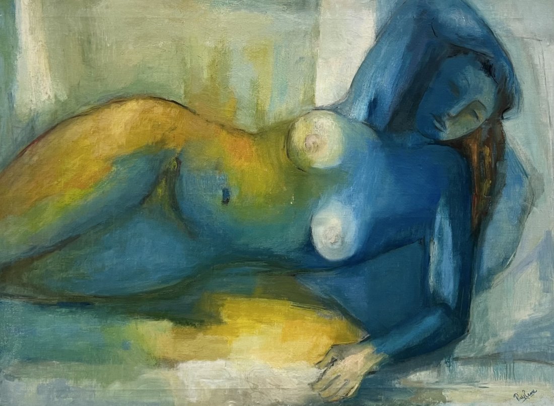 Large European School Mid-Century Modern Nude Abstract Signed By Unknown Artist: Oil on canvas 54 x 40 in