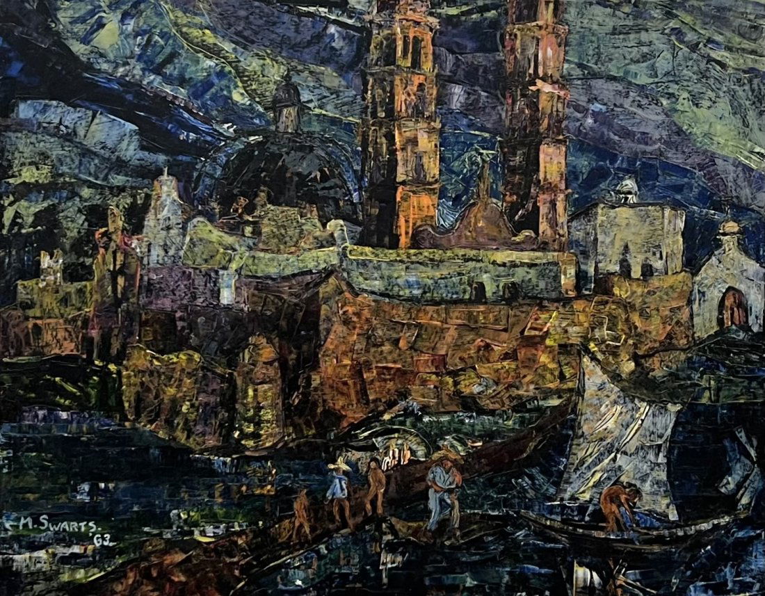 1960's Mexican Modernist Village Scene, Signed (1 of 4)