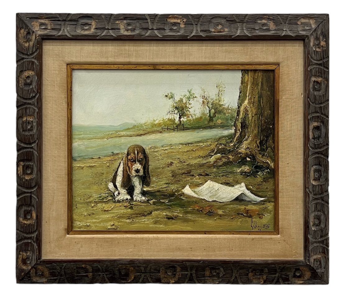 Italian Impressionist Painting Dog In Landscape, Signed: Oil on canvas 20 x 16 in, 30 x 26 in (framed)