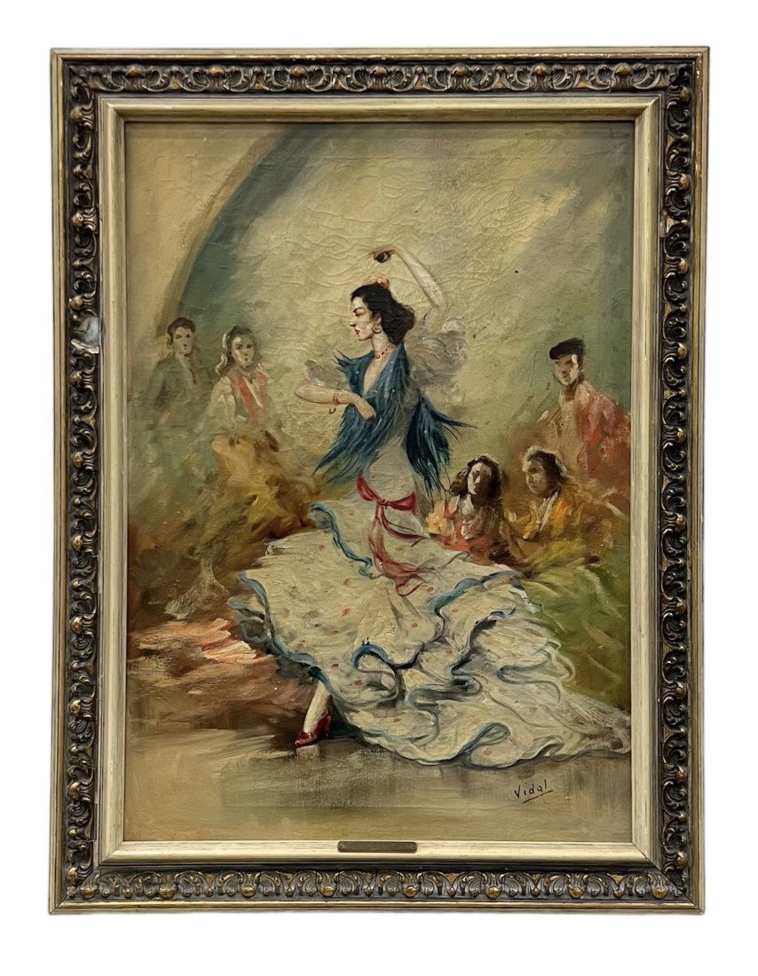 Antique Spanish Flamenco Dancer Painting Signed Vidal (1 of 5)