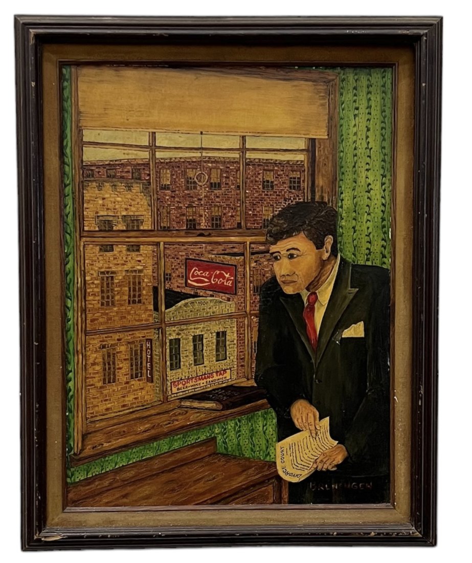 WPA Era American Industrial Realism Big City Lawyer Scene, Signed: Oil on board 18 x 24 in, 23 x 28.5 in (framed)