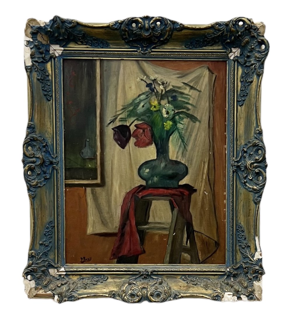 Mid-Century Modernist Still Life Of Flowers, Signed: Oil on board 20 x 16 in, 26 x 22 in (framed)