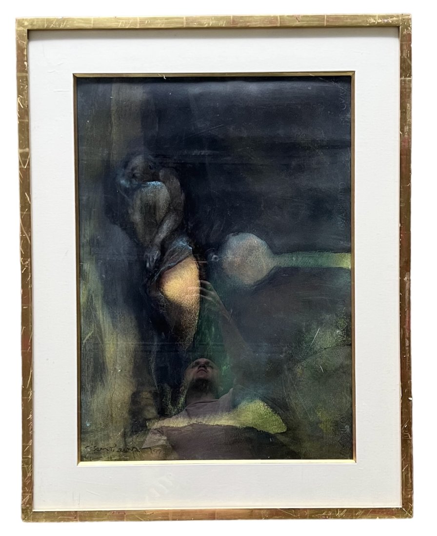 Modernist Pastel Of Lovers, Illegible Signature Nicely Framed: 26.5 x 19 in, 38 x 27.5 in (framed)