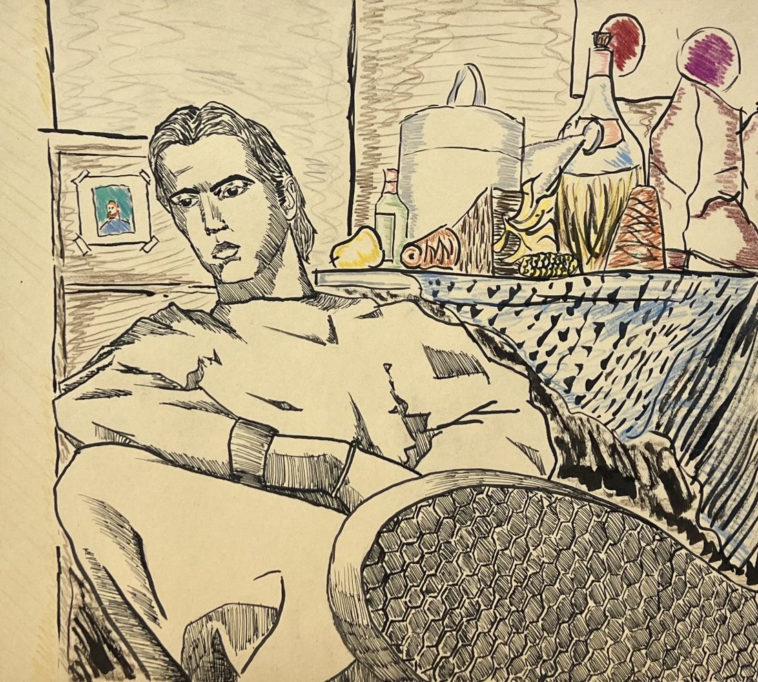 American Modernist Portrait Of A Handsome Man: Marker on paper 18.5 x 16.5 in