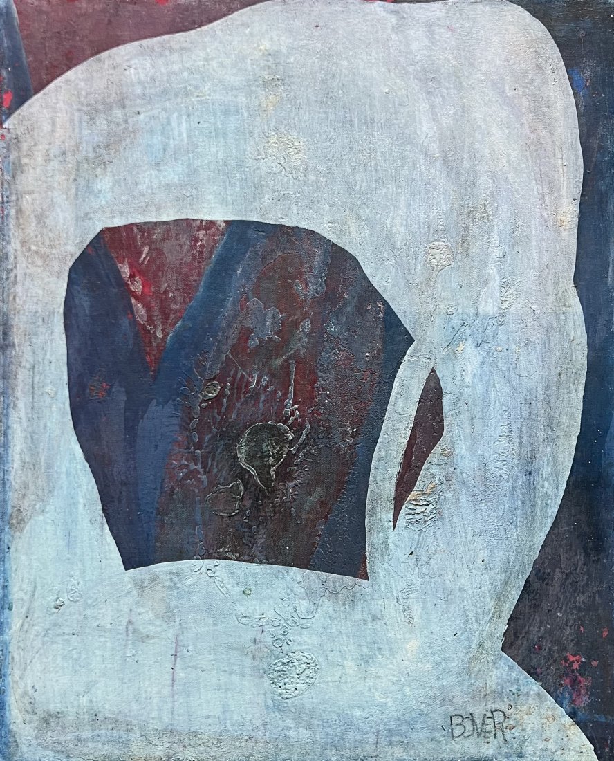 Mid-Century Modern Abstract Painting, Signed: Oil on canvas laid on board 30 x 25 in