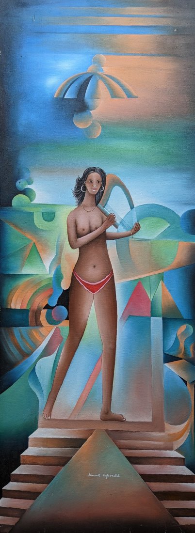 HUGH MICHEL BERROUET (20th c, Haiti) Nude: Acrylic on canvas 40 x 15 in
