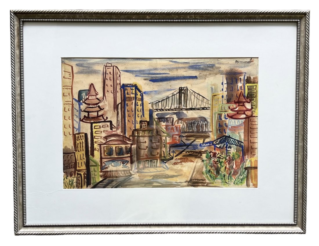 Modernist WPA Style New York City Scene, Signed: Watercolor on paper 17 x 11.5 in, 25.5 x 19.5 in (framed)