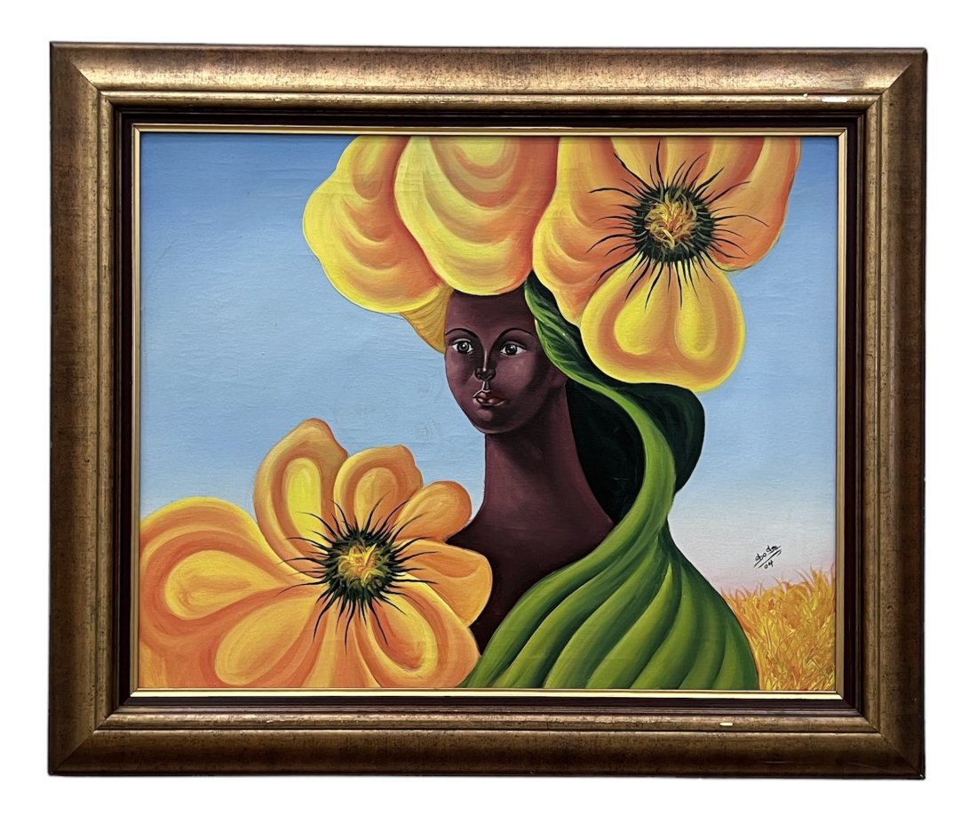 Dominican Modernist Portrait Of A Woman w. Flowers, Signed: Oil on canvas 30 x 24 in, 37 x 31 in (framed)