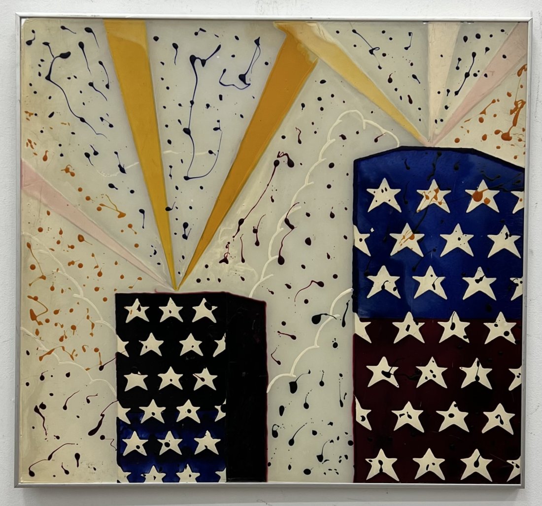 KANTI CAMPAGNA (20th c, Texas) American Flag Abstract: Mixed media on plexiglass 29 x 31.5 in