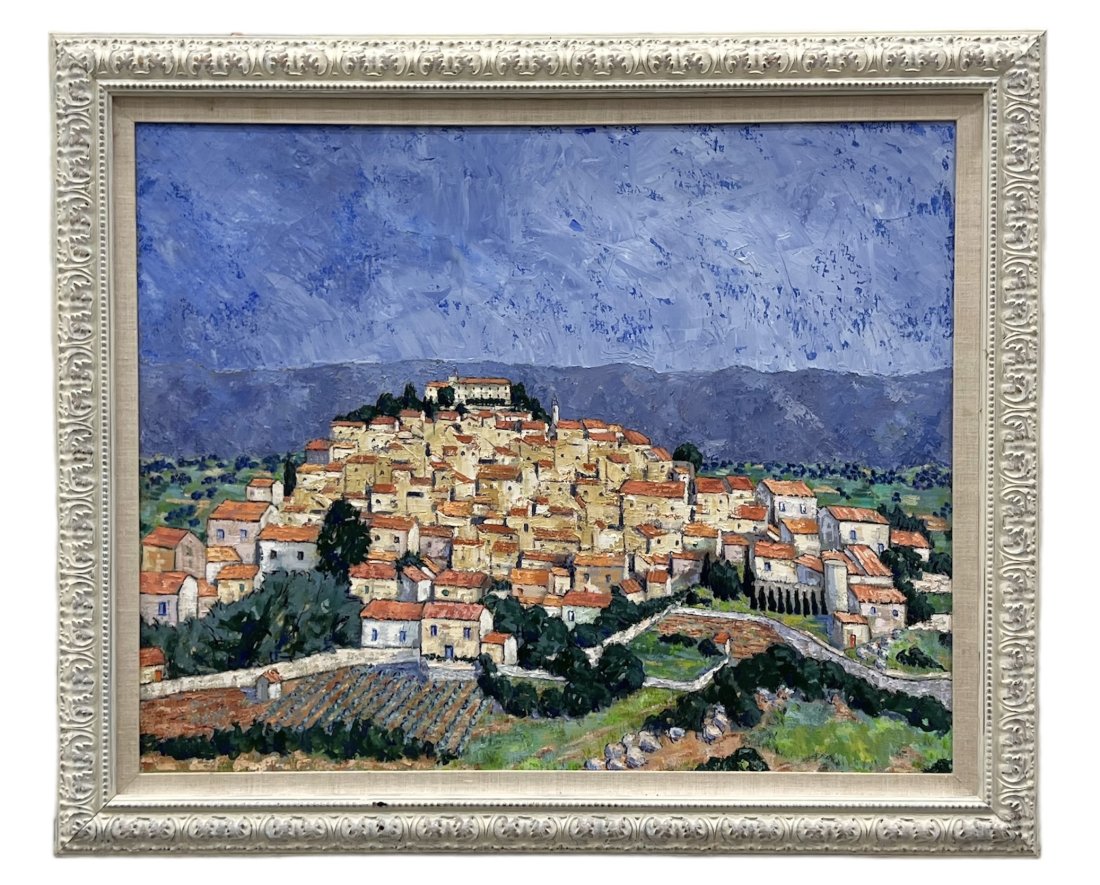 Vintage Impressionist Painting Of Ansouis France, Unknown Artist: Oil on canvas 30 x 25 in, 36 x 30 in (Framed)