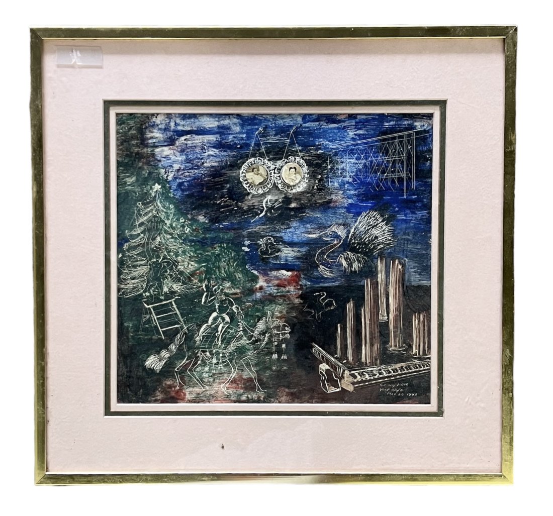 Surrealist Abstract Painting Signed & Dated 1942: Mixed media 13 x 12 in, 20 x 19 in (framed)