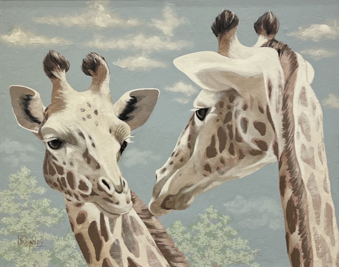 Large Vintage Painting Of Giraffes By Lee Reynolds: Acrylic on canvas 50 x 40 in