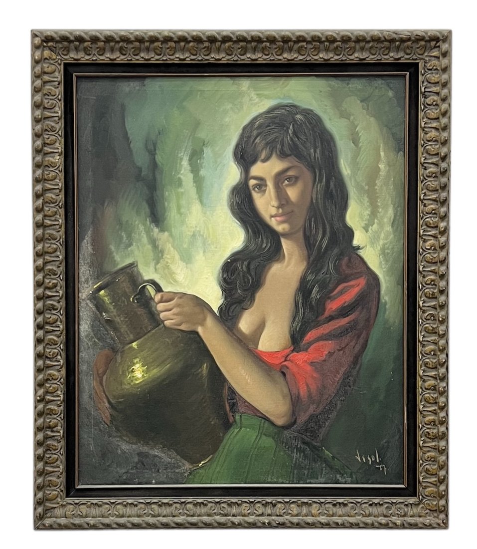 1960's Spanish Portrait Woman w/ A Pitcher: Oil on canvas 36 x 26 in, 38 x 32 in (framed)