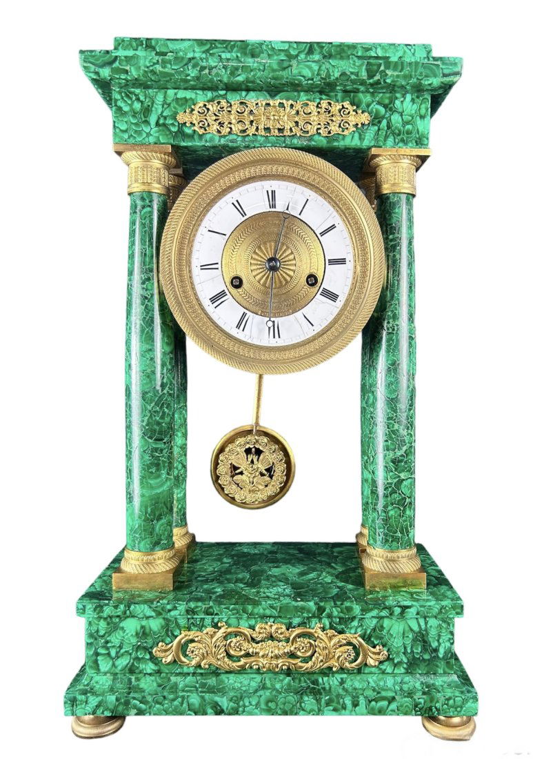 Large Period Russian Empire Malachite & Dore Bronze Portico Clock ca 1815 (1 of 8)