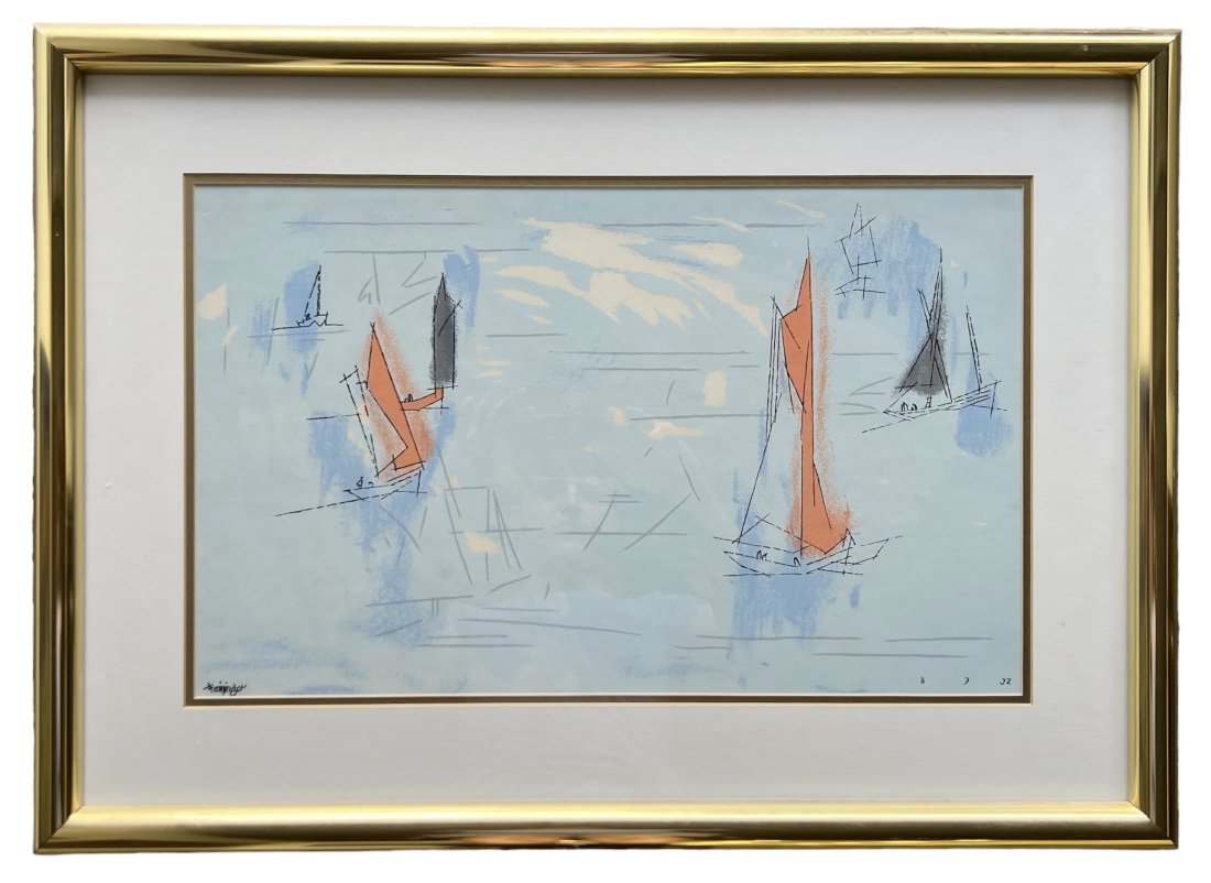Modernist Abstract Of Sailboats Signed T. Feininger: Mixed media on paper 21 x 13 in, 30 x 21 in (framed)