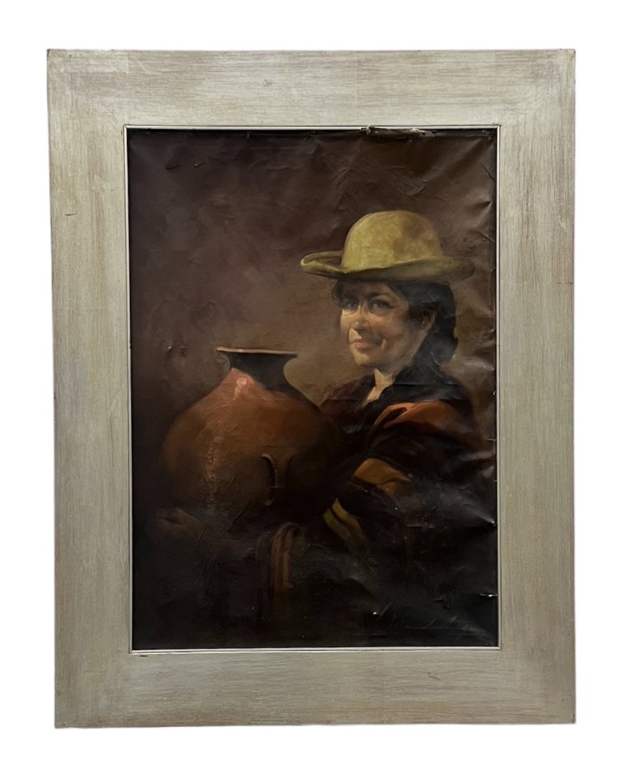 Antique Cowboy Portrait Painting, Signed: Oil on canvas 28 x 20 in, 36 x 27 in (framed)