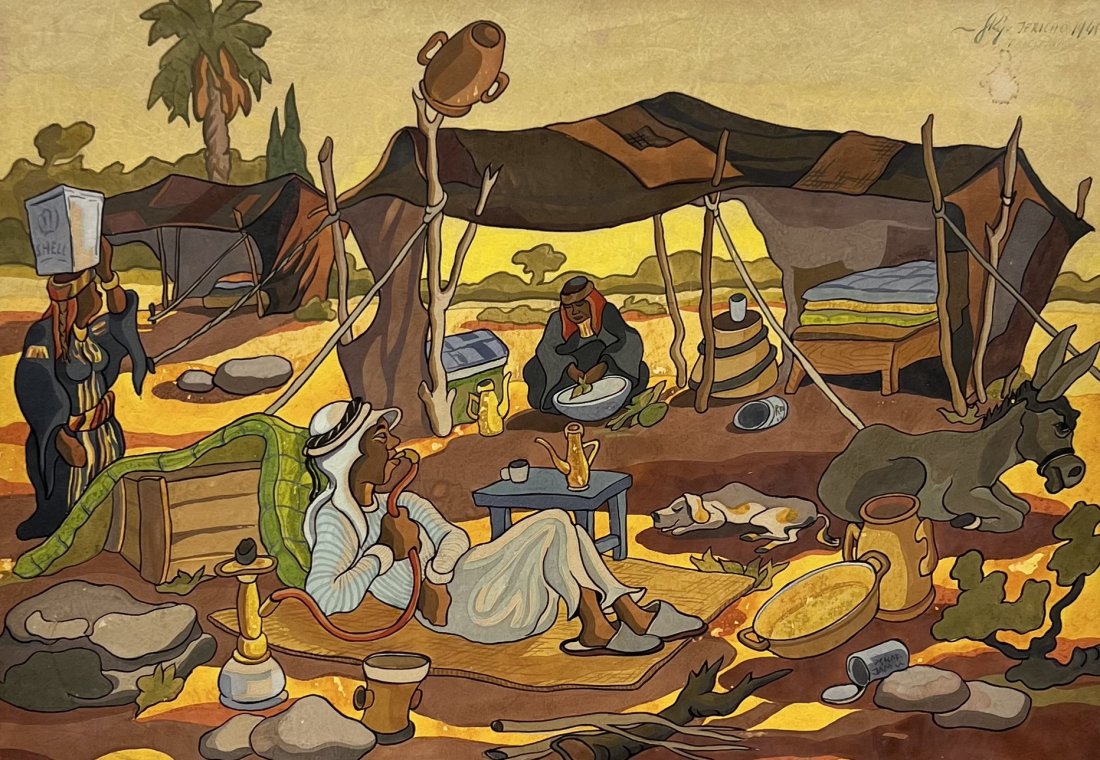 Orientalist Gouache Jericho Palestine "Tent Of The Bedouins": Gouache on paper 15 x 10.5 in