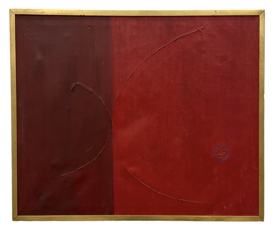 Mid-Century Modern Two Tone Red Abstract Painting, Unsigned (1 of 2)