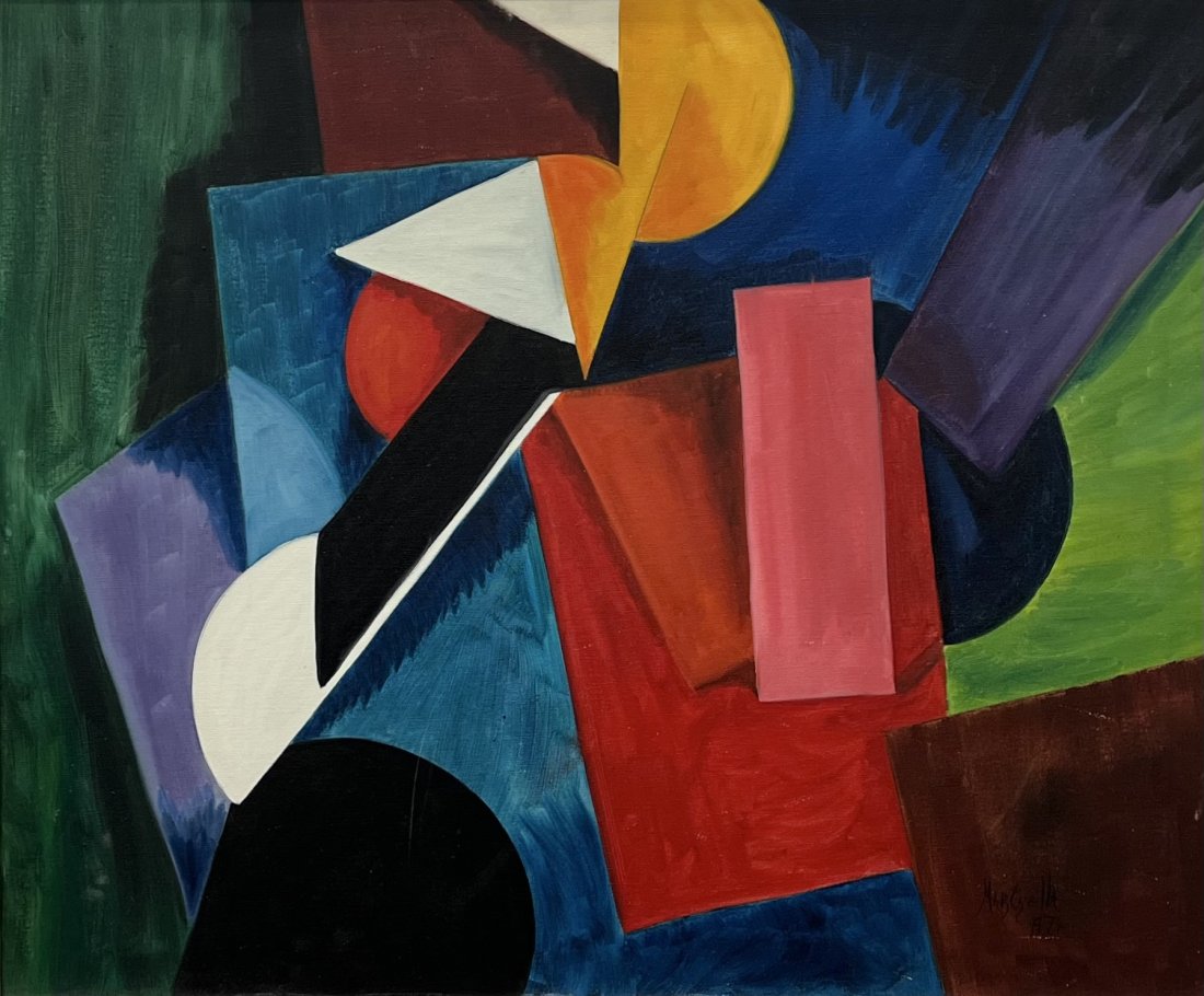 1970's American Cubist Abstract Painting, Signed: Oil on canvas 36 x 30 in