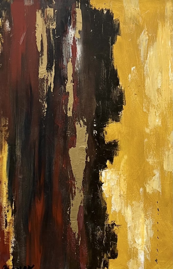 Vintage Abstract Expressionist Painting Signed Bayer: Oil on canvas 36 x 24 in, 37 x 25 in (framed)