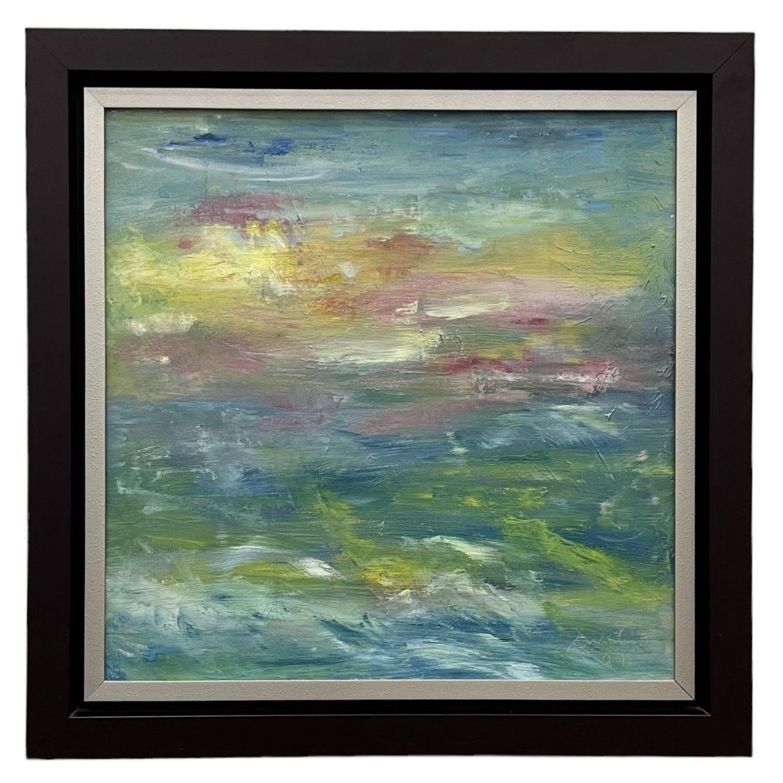 Vintage 1990's Abstract Painting Signed, Illegible Signature: Oil on board 23.5 x 23.5 in, 29.5 x 29.5 in (framed)