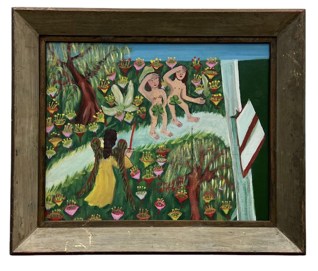Vintage Russian Folk Art Painting: Oil on board 20 x 16 in, 25 x 21 in (framed)