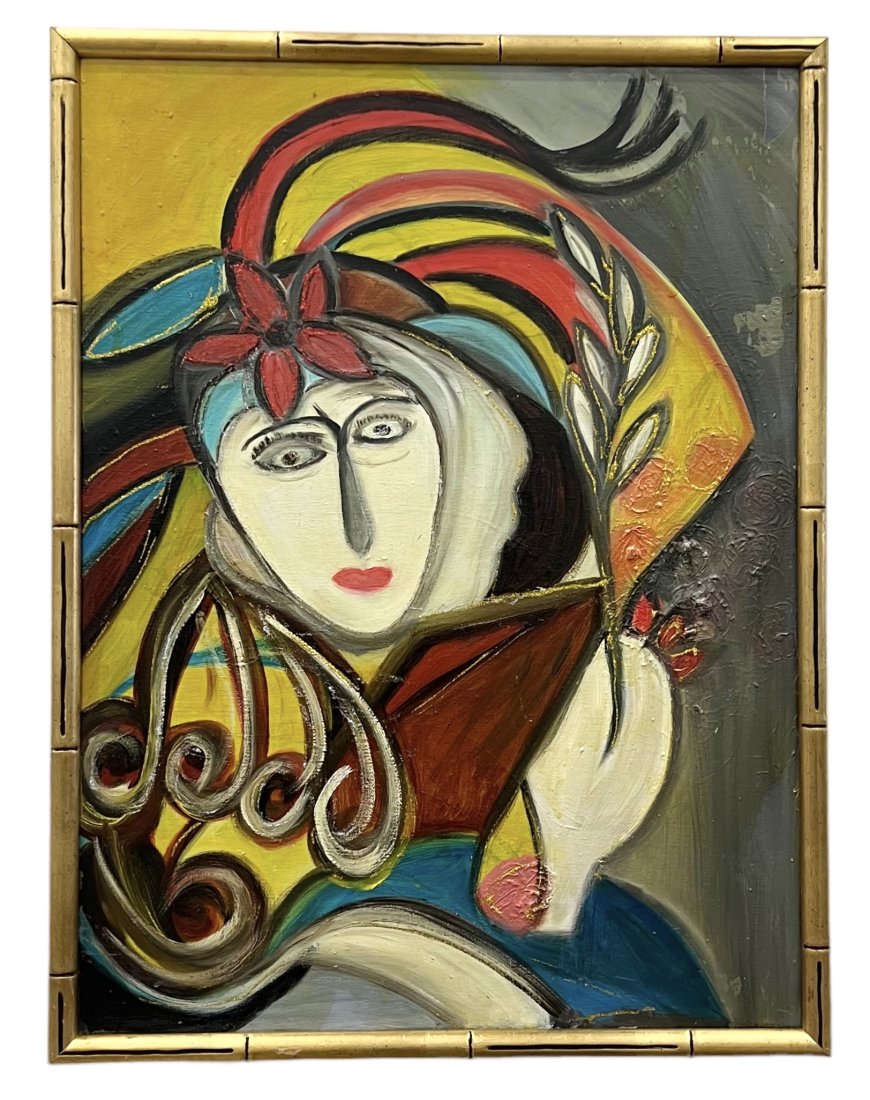 Vintage Modernist Abstract Still Life w/ Figure, Unsigned: Oil on canvas 18 x 24 in