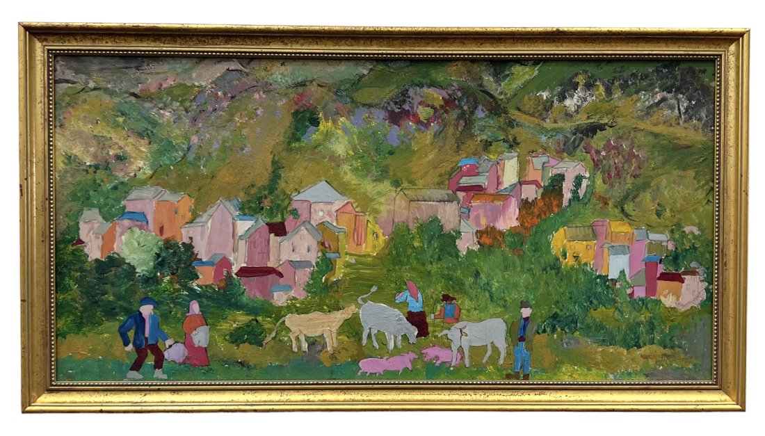 Modernist Landscape Painting Village Scene, Unsigned: Oil on board 33.5 x 18 in (framed)