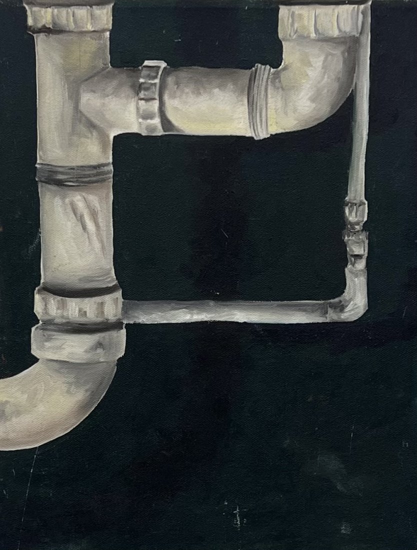 Modernist Painting Of Pipes, Unsigned: Oil on canvas 14 x 11 in