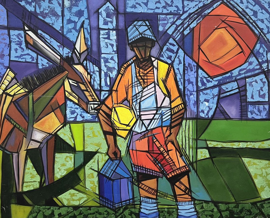Large Latin American Cubist Figure w/ Horse Painting, Signed (1 of 3)
