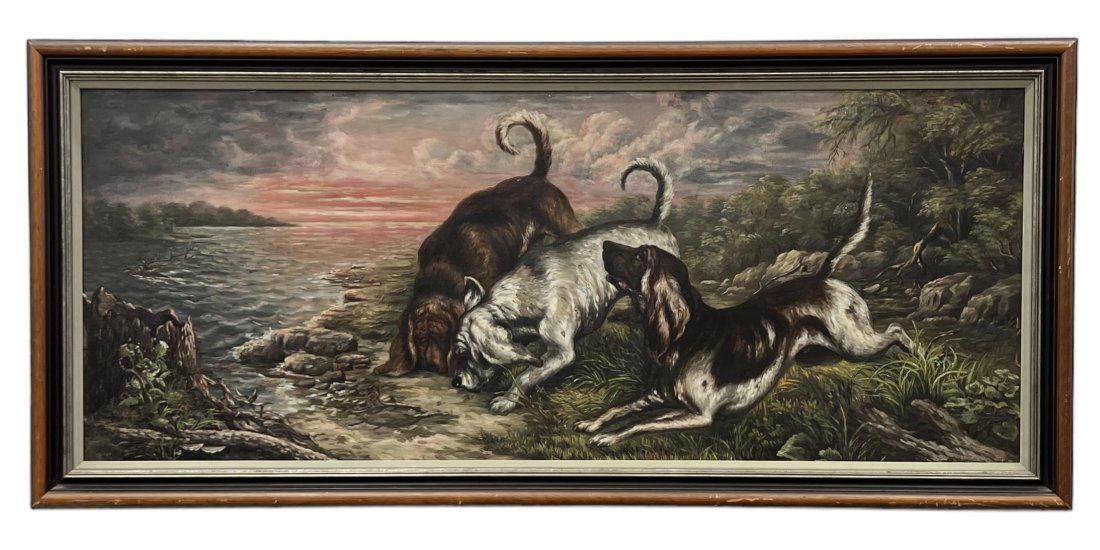 Large Antique Painting Of Hunting Dogs, Illegible Signature: Oil 24 x 48