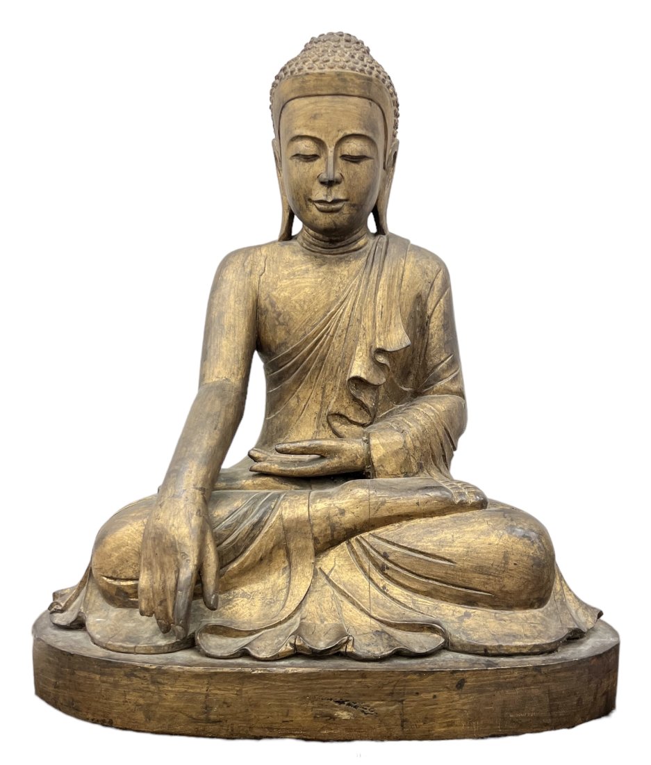 Gilt Heavy Solid Wood Mandalay Buddha Statue: 29 in x 22 in x 13 in